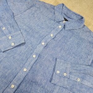 Talbots Shirt Women Medium Petite 100% Linen Chambray Blue Button Up Natural